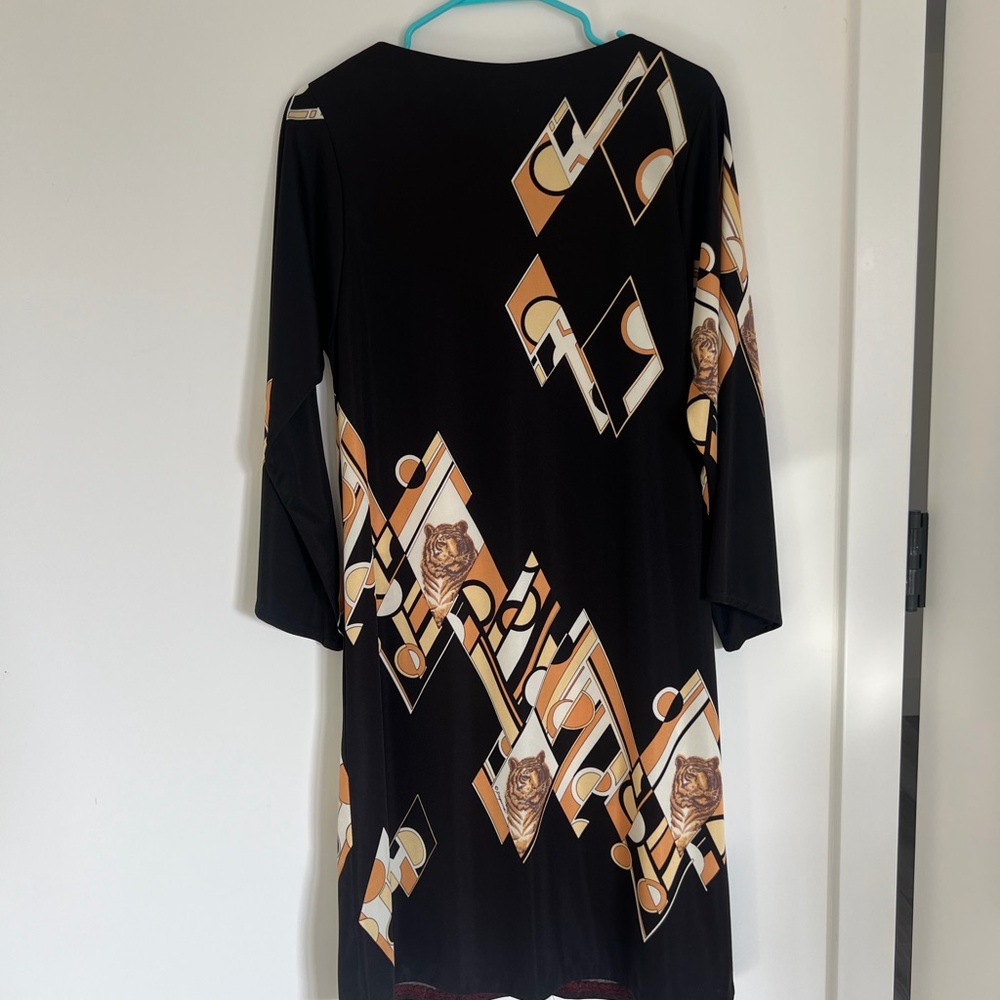 Vintage | Black Long-Sleeve Geometric & Tan Print Dress